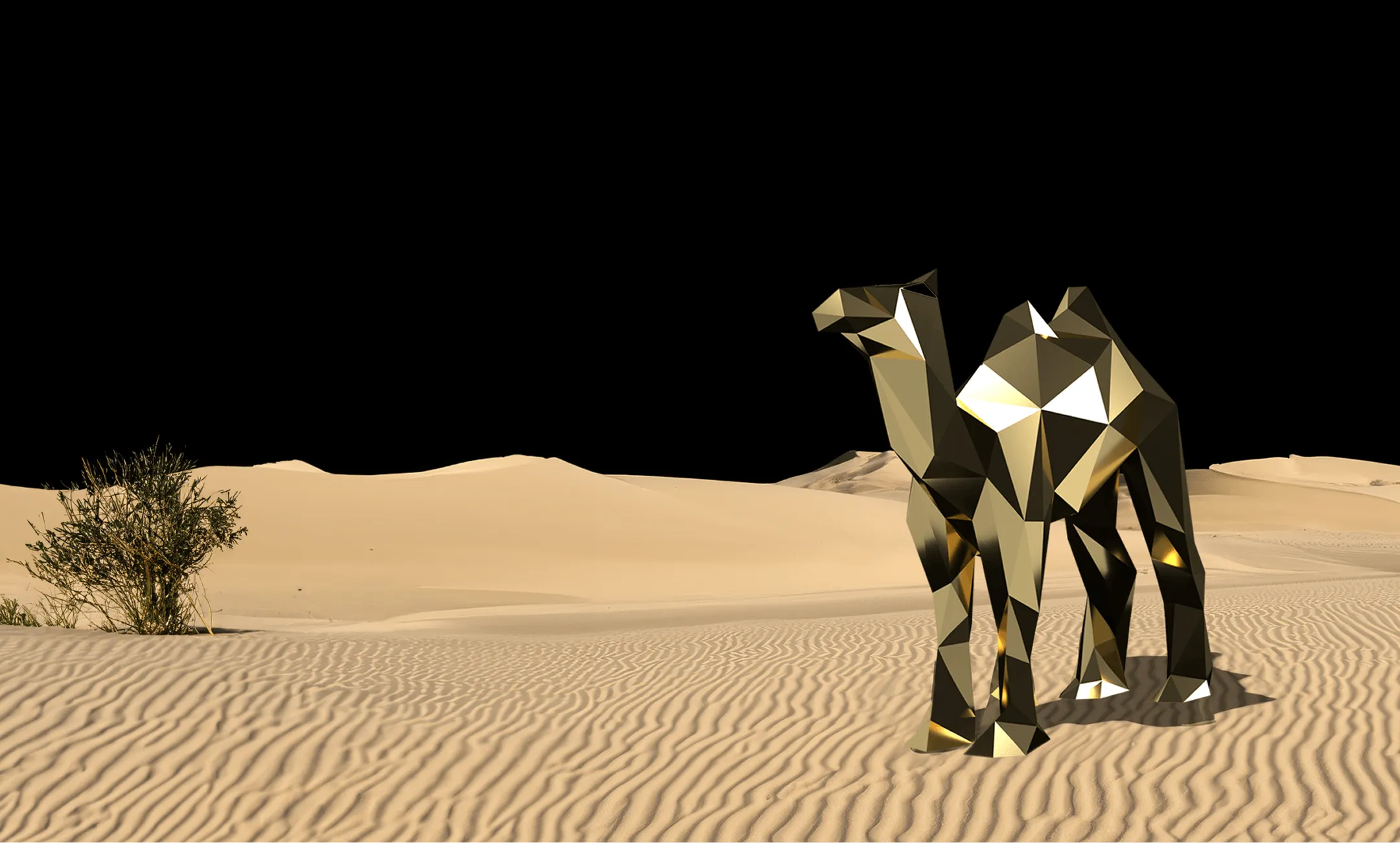 Gold DMZ camel standing in a desert landscape, symbolizing DMZ’s “Home of the Camel” philosophy—supporting resilient, long-term focused startups that thrive under pressure.